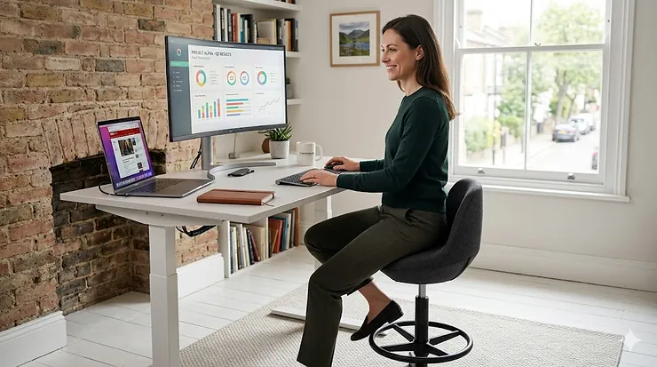 A professional ergonomic chair for a standing desk in a modern UK home office setting. chair for standing desk