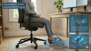 Alt text for image 9: An ergonomic workstation setup featuring a height-adjustable chair paired with a slanted footrest to ensure comfort for users who cannot reach the floor.