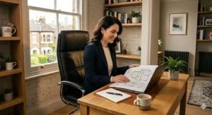 Alt text for image 2: A professional woman in a black leather executive office chair reviewing architectural floor plans at her desk, with a view of London-style terraced houses through the window.
