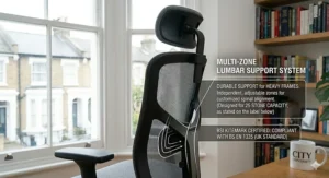 A side profile illustration of a heavy-duty office chair showing adjustable lumbar support for improved spinal alignment.
