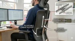 Close-up illustration of height-adjustable lumbar support positioned correctly for the lower back of a tall person.