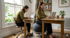 A side-by-side comparison showing poor slouched posture on a standard desk chair versus improved upright spinal alignment on a balance ball chair.