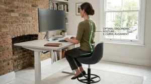 Diagram of correct spinal alignment when using a perch stool at a standing desk.