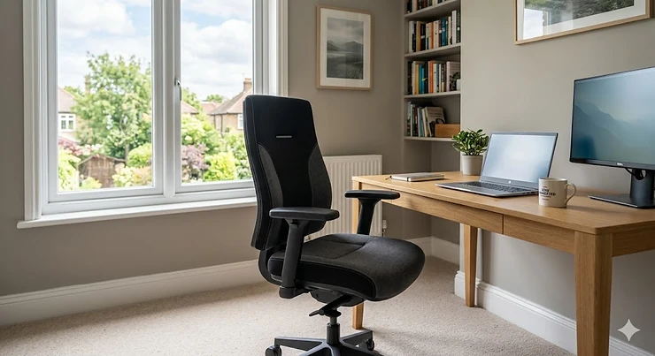 A sleek, black ergonomic value office chair positioned at a modern wooden desk in a bright British home study with natural window lighting. value office chair