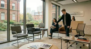 A spacious waiting lounge with a heavily padded, robust grey armchair and reinforced four-legged visitor chairs, demonstrating sturdy seating options for high-traffic environments.