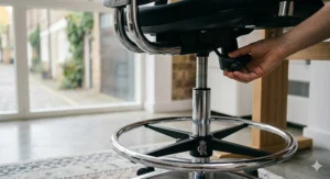 Illustration demonstrating the gas lift mechanism on a tall office stool, showing the seat height range suitable for high work surfaces and breakfast bars.