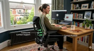 Anatomical illustration showing how a mesh office chair for working from home supports the lower back and promotes neutral spine alignment.