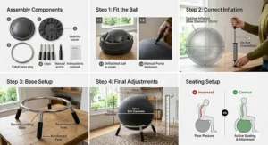 An instructional graphic showing how to correctly inflate the stability ball to fit the chair frame base securely.