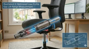 Alt text for image 4: Technical drawing highlighting the low-range gas lift mechanism that allows the seat to drop lower than standard UK office chairs.