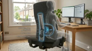 Alt text for image 6: Close-up illustration of the adjustable lumbar support bar aligned perfectly with the lower back of a smaller user for optimal spinal health.