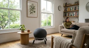 A minimalist, premium balance ball chair with a grey felt cover styled inside a contemporary British apartment living room.