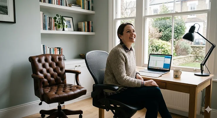 An ergonomic mesh office chair with a breathable backrest placed side by side with a classic black leather executive office chair in a bright UK home office. mesh vs leather office chair