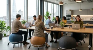 A modern, open-plan London office space featuring several employees using sleek balance ball chairs at hot-desking stations.