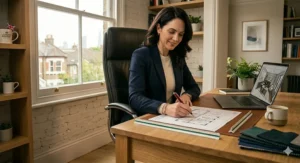 Alt text for image 7: A professional woman sitting in a black leather office chair, using a fountain pen to draw on technical floor plans alongside fabric swatches and a laptop.