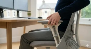 Alt text for image 5: A side-on, highly detailed photograph focusing on the 4D adjustable armrest of the mesh task chair. A user’s hand actively demonstrates the armrest pad being adjusted inwards towards the seat pan, reducing the overall width to suit a petite body frame and prevent shoulder strain.