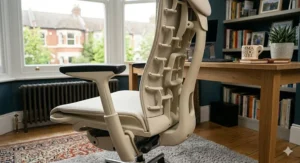 A detailed photorealistic close-up capturing a minimalist neutral-cream upholstered variant of the ergonomic office chair designed for working from home, blending into a Scandi-style British living room decor