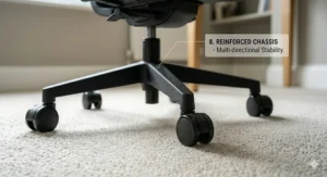 A five-star swivel base with durable nylon castors suitable for both low-pile carpets and hard floors in a home office.