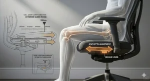 Diagram showing how to adjust office chair seat depth to provide adequate thigh support for a tall person with long legs.