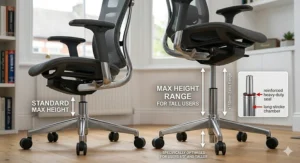 Illustration showing the extended gas lift range of an office chair designed for tall people, highlighting the extra height clearance.