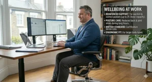 Illustration of a heavy person sitting with correct posture in an orthopaedic office chair to reduce lower back strain.