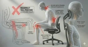 Illustration of a tall person experiencing poor posture and lack of legroom on a standard-sized, low office chair.