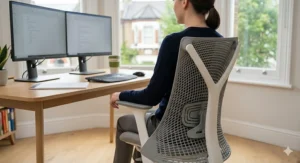 Alt text for image 8: A photorealistic photograph taken from behind, showing the petite woman seated with correct posture in the mesh-back task chair. The view emphasizes the integrated lumbar support positioned at the small of her back and her arms resting naturally on the grey, adjustable armrests. The London background view is softly blurred.