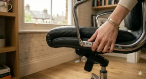 Alt text for image 5: A close-up side view highlighting the premium double-stitching on a black leather office chair, with a hand resting near the metallic seat control buttons.