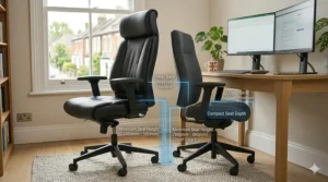 Alt text for image 5: A side-by-side comparison of a standard executive chair versus a specialised ergonomic chair designed specifically for petite frames and shorter leg lengths.