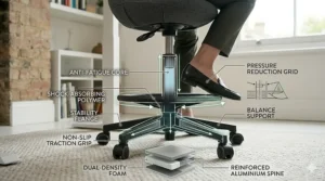 Illustration of a non-slip, anti-fatigue base on a leaning chair for standing desks.