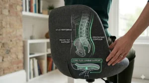 Close-up illustration of the lower back lumbar support on an ergonomic standing desk chair.
