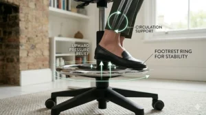 Supporting illustration of a tall office chair featuring a chrome footrest ring for comfort.