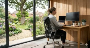 A sleek, contemporary dark grey ergonomic office chair inside a modern, timber-clad garden office pod in the UK, with floor-to-ceiling glass doors overlooking a lush, detailed British garden on a bright, natural daylight day.