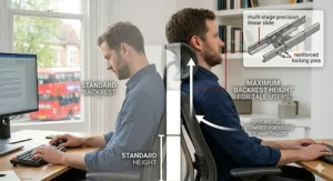 Comparison of a standard backrest versus an extra-tall backrest with an integrated adjustable headrest for neck support.
