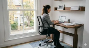 A stylish black drafting chair integrated into a compact UK home office environment, paired with a height-adjustable standing desk and laptop.
