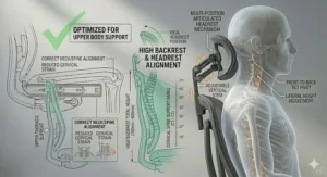 Close-up illustration of a tall office chair backrest with an adjustable headrest properly supporting a tall user's neck.