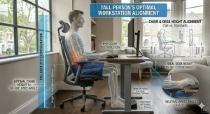 Diagram of a tall employee at a properly configured UK office workstation, showing the relationship between chair height and desk level.