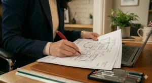 Alt text for image 3: A close-up of a professional using a red pen to mark up architectural plans on an oak desk, with a black leather office chair and a laptop displaying a 3D room model in the background.
