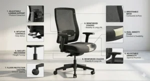A close-up of the adjustable lumbar support on a value office chair, highlighting the breathable mesh fabric and contoured backrest design.