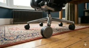 Close-up illustration of soft polyurethane caster wheels on an office chair for working from home, demonstrating them gliding smoothly over a plush Persian rug and onto a wood floor.