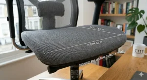Top-down view of an extra-wide padded seat cushion with dimensions suitable for larger users.