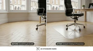 Alt text for image 8: An ergonomic black leather office chair sits in front of a light wood desk. To the right is a dining table set with modern crockery and a high chair with an engraved icon of an adult and child.