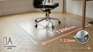 Alt text for image 3: Close-up photo of the corner of a translucent textured chair mat. The smooth round corner is slightly raised, showing the material thickness. It rests on a light wood parquet floor.