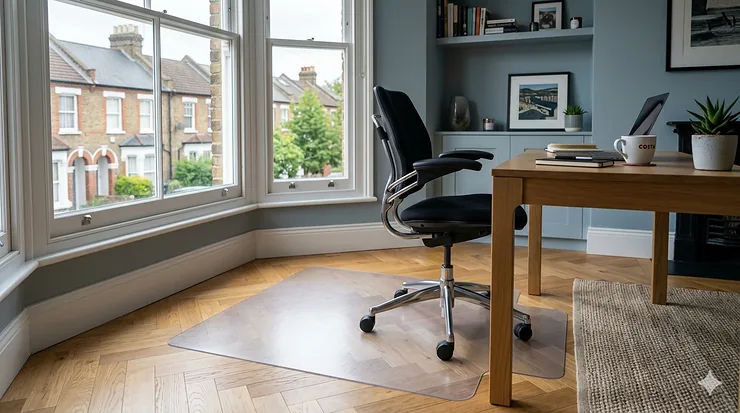 Alt text for image 1: A black ergonomic office chair sits on a clear textured chair mat. A light wood desk with a laptop and lamp is to the right, in a bright home office. Large bay windows overlook a residential street of brick houses. chair mat for hardwood floors