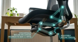 Illustration demonstrating the tilt and synchronous recline mechanism of a breathable desk chair.