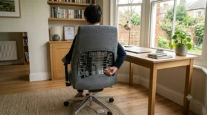 Simple and affordable armless fabric task chair in blue, ideal for a student study bedroom or hot-desking space.