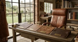 A selection of fabric swatches for an authentic leather desk chair, featuring premium finishes including aniline, semi-aniline, and Italian leather upholstery options.