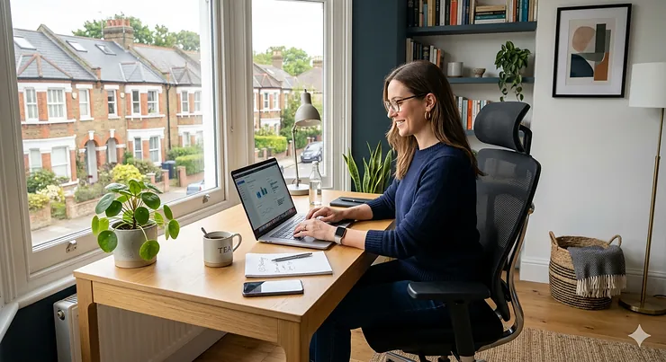 Ergonomic breathable office chair with mesh backrest in a modern UK home office setup.