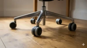 Infographic comparing standard plastic office chair wheels against soft polyurethane wheels on laminate, parquet, and engineered wood flooring.