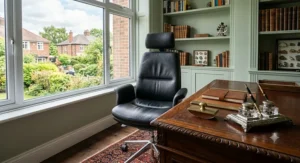 Detailed view of the chrome base and pneumatic gas lift lever on a black leather office chair, demonstrating the swivel and height adjustability.
