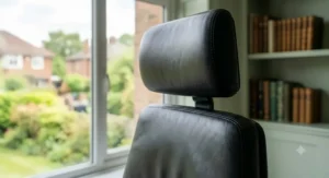 Five-star chrome base of a black leather office chair with durable hooded castors resting smoothly on low-pile office carpeting.